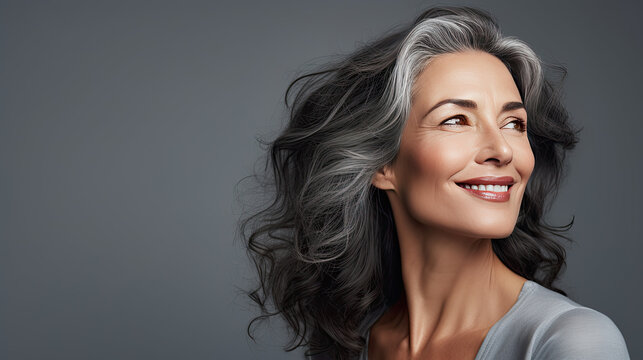 Portrait of a Mature Beautiful Woman Looking Left on a Grey Background with Space for Copy. Haircare, Skincare, Healthy Living