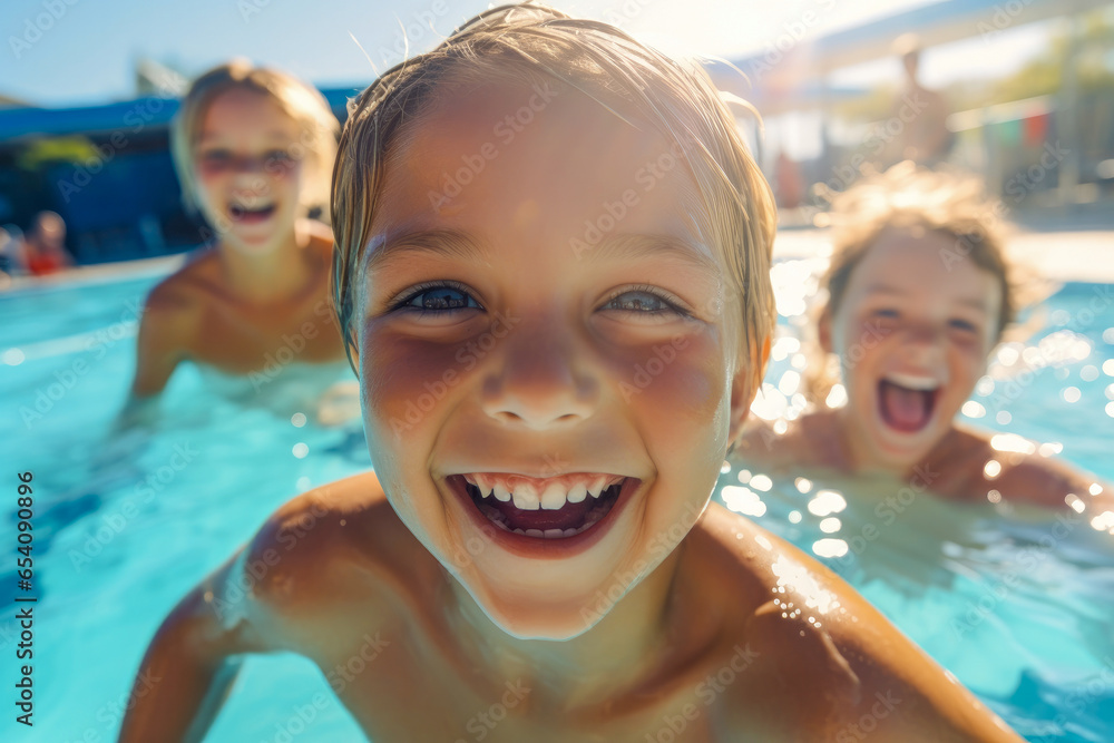 Wall mural joyful young children, sharing smiles, water splashes and laughter as they swim together in a public