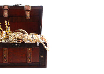 Antique Treasure Chest FIlled with Gold Silver DIamond Treasures on a White Background