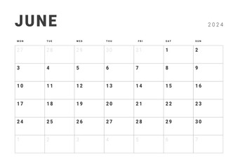 Monthly page Calendar Planner Templates of June 2024. Vector layout of simple calendar with week start Monday for print. Page for size A4 or 21x29.7 cm