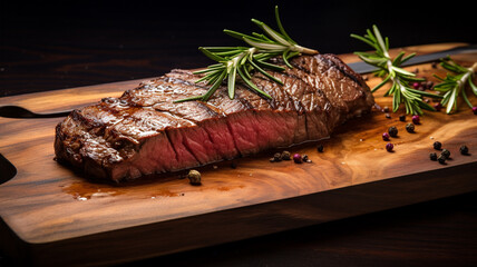 Australian beef steak on wood dish with black background in studio light. Food concept. Generative AI