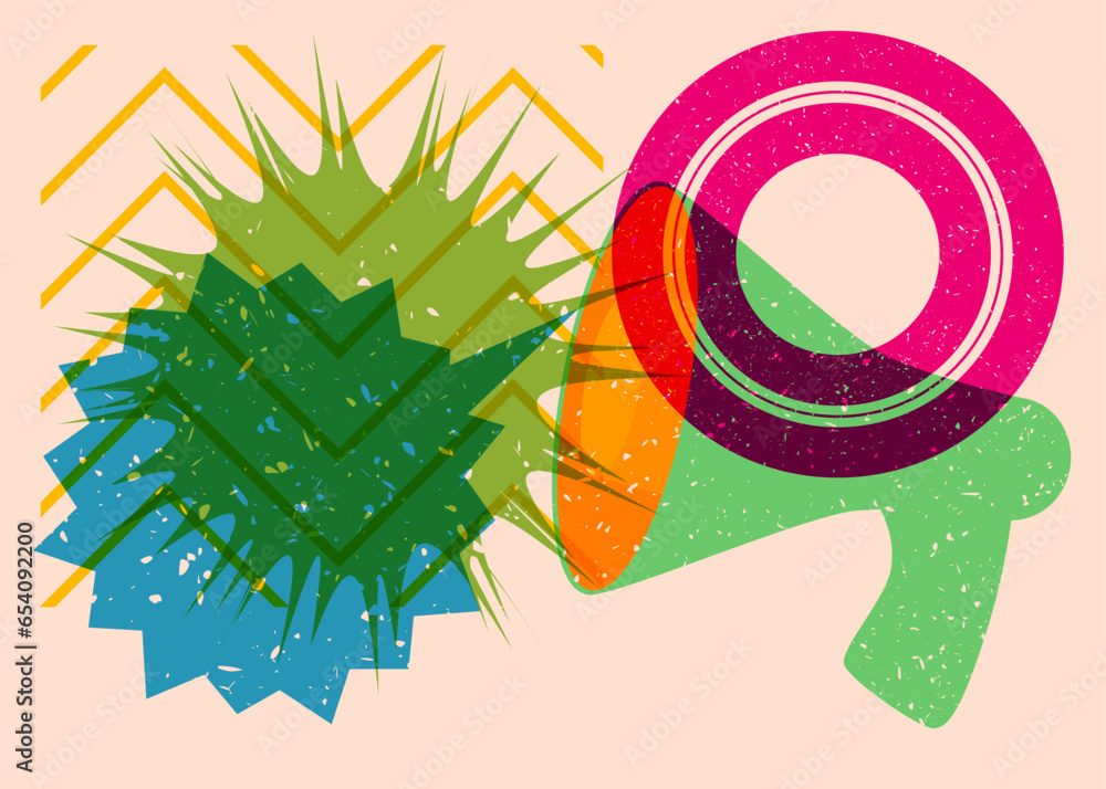 Poster risograph megaphone and speech bubble with geometric shapes. object in trendy riso graph design with