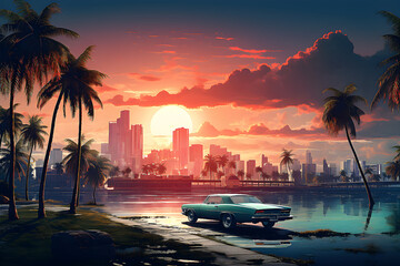 The city of miami and sun in the background