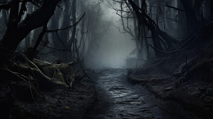 A Dark Scary and Moody Forest Pathway Covered in Mist