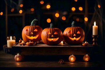 	
jack o lanterns halloween symbol background pumpkins on wooden board	
