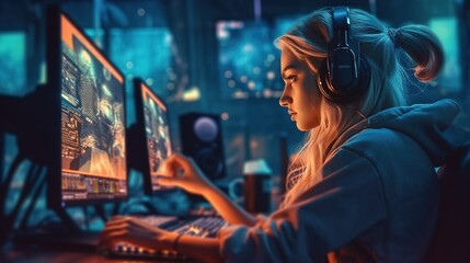 Esports and online gaming: Woman live streaming her video game session ai generative