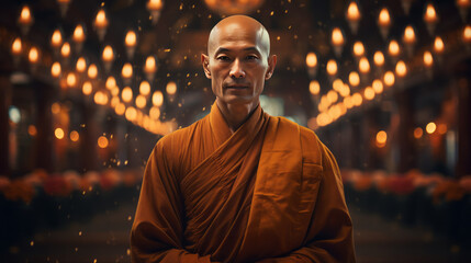 Portrait of monk looking at camera in a temple.