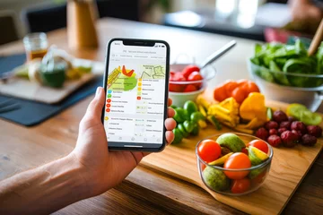 Papier Peint photo Chemin de fer Closeup of a person hand using smartphone app to track calories and nutrients, managing a diet and maintaining a healthy lifestyle