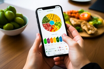 Closeup of a person hand using smartphone app to track calories and nutrients, managing a diet and maintaining a healthy lifestyle - obrazy, fototapety, plakaty
