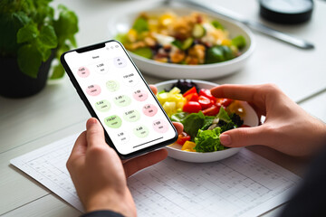 Closeup of a person hand using smartphone app to track calories and nutrients, managing a diet and maintaining a healthy lifestyle