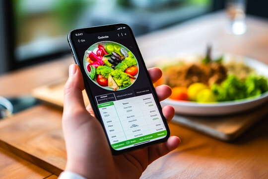 Closeup of a person hand using smartphone app to track calories and nutrients, managing a diet and maintaining a healthy lifestyle
