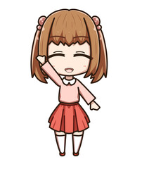 右手を挙げているツインテールの女の子