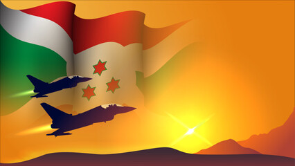 fighter jet plane with burundi waving flag background design with sunset view suitable for national burundi air forces day event
