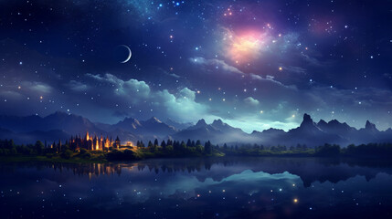 Naklejka premium Fantastic Romantic Moon In Starry Night Over Cloud Halloween Background