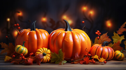 Beautiful Pumpkins with Fruits and Falling Leaves