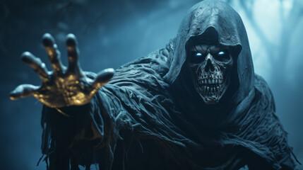 Grim reaper reaching towards the camera over dark background.