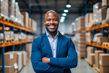 Portrait of a proud African American business owner in suit, standing in warehouse. A concept of success, determination, and leadership - obrazy, fototapety, plakaty