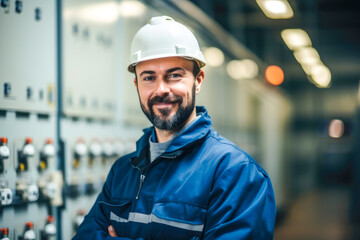 Portrait of proud smiling electrical engineer with hard hat in front of control panel of power plant