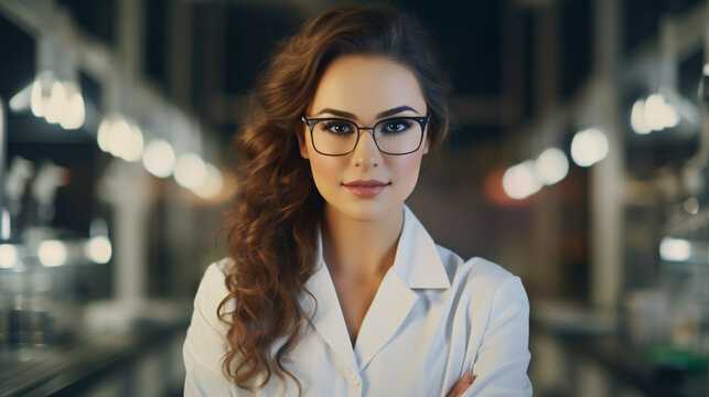 attractive confident female scientist wearing a white lab coat and spectacles, a confident scientist inside a laboratory with copy space