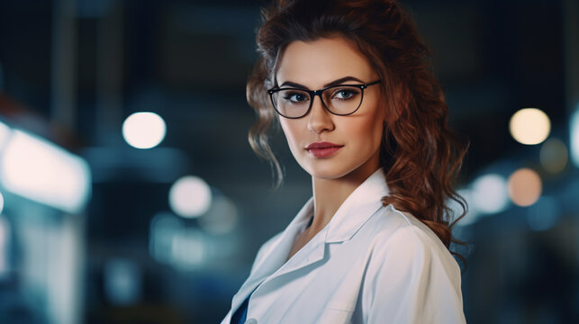 portrait of an attractive female scientist wearing a white lab coat and spectacles, a confident scientist inside a laboratory with copy space