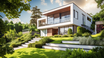 modern luxury house in a nature environment - eco conscious house construction - obrazy, fototapety, plakaty