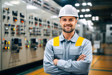 Portrait of proud smiling electrical engineer in front of control panel of power plant - obrazy, fototapety, plakaty