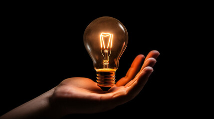 light bulb in hand - hand holding a lit idea bulb isolated on black background