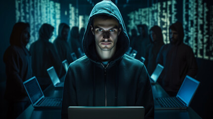 computer hacker wearing a hood, and his team behind in the background with computers 