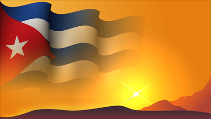cuba waving flag background design on sunset view vector illustration