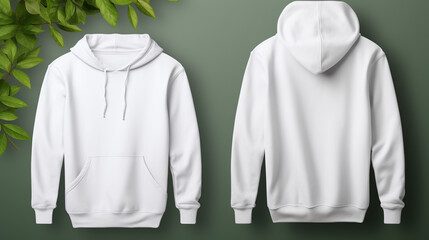 A versatile white hoodie mockup, front and back views, designed with long sleeves for comfort and style, ideal for showcasing different designs and patterns mockup studio with various hangers