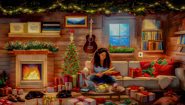 christmas living room with girl reading a book, fireplace and many gifts under bright illuminated fir illustration