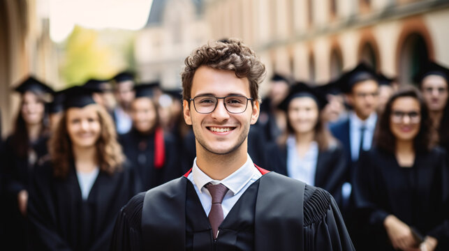 Portrait of a confident PHD Candidate standing with colleagues behind on the background - power of education 