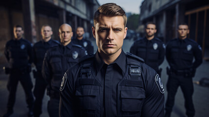 portrait of a person in a police uniform - confident police officer standing with his team