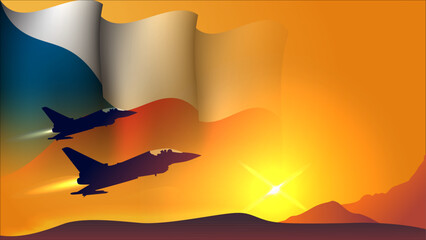 fighter jet plane with czech republic waving flag background design with sunset view suitable for national czech republic air forces day event - obrazy, fototapety, plakaty