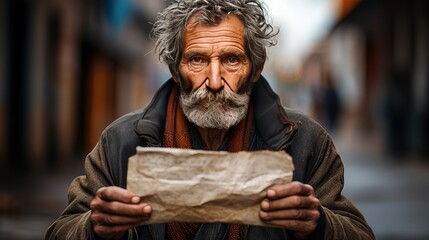 Homeless vagrant man holds of blank cardboard sign. generative AI - obrazy, fototapety, plakaty