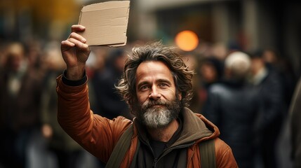Homeless vagrant man holds of blank cardboard sign. generative AI - obrazy, fototapety, plakaty