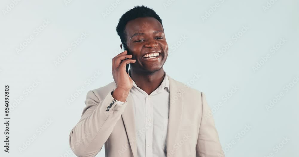Poster black man, business and phone call conversation with happy employee and entrepreneur networking. stu