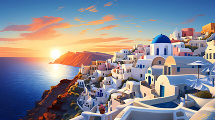 Illustration of a sunset over the white and blue domes of Santorini