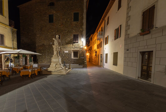 Scarlino at night. Medieval village overlooking the Gulf of Follonica, facing the Island of Elba. Maremma, Italy.