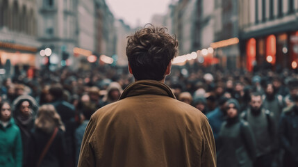 Back view of a young man standing in the middle of a crowded street