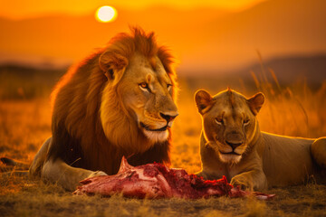 Two lions eating an antelope in the African savannah at sunset. Safari wildlife concept - obrazy, fototapety, plakaty