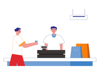 Someone is carrying out a buying and selling transaction in the shop. Market vector illustration. Flea market vector flat illustration