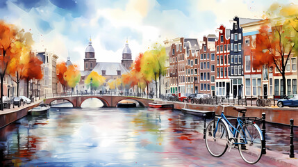 Illustration of Amsterdam canals with bicycles and colorful houses - obrazy, fototapety, plakaty