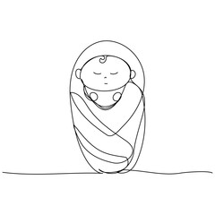 Newborn baby wrapped in a blanket in continuous one line art style. Simple vector illustration
