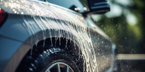 A close-up of a car during a car wash - obrazy, fototapety, plakaty