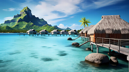View of Bora Bora island with clear water and overwater bungalows - obrazy, fototapety, plakaty