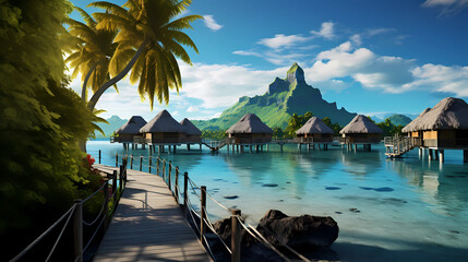 View of Bora Bora island with clear water and overwater bungalows - obrazy, fototapety, plakaty