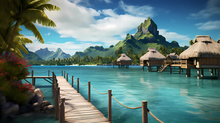 View of Bora Bora island with clear water and overwater bungalows - obrazy, fototapety, plakaty