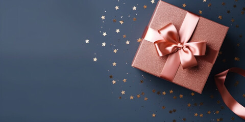 Obraz premium Pale pink Gift box with dark red satin ribbon and bow on dark blue background. Holiday gift with copy space. Many golden confetti. Birthday or Christmas present, flat lay, top view