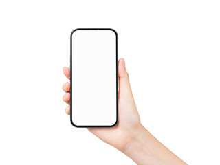 Clipping path, woman hand holding the black smartphone with blank screen on white background.